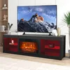 A modern TV stand with a built-in electric fireplace and red interior shelving, featuring a large television displaying a mountain landscape. Voir les images du produit