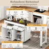 A kitchen island with various storage compartments and a countertop, presented with descriptive text overlays. Podgląd zdjęcia produktu