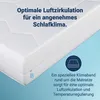 A close-up of a white mattress with text overlays describing its features. Produktbild-Vorschau