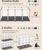 Diagrams showing different configurations of a pet enclosure and components, with accompanying text and images of small animals. Produktbild-Vorschau
