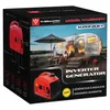 A generator is shown on the packaging of a product, with a scene of people relaxing by a camper. Produktbild-Vorschau