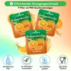 Three pouches of orange-flavored filters are shown with oranges and orange juice splashes, along with icons describing product features. Produktbild-Vorschau