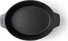 A top-down view of a black oval-shaped cast iron casserole dish with gray handles on a white background. Produktbild-Vorschau