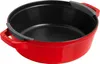 A red cast iron pot with black interior and gray protective covers on the handles, isolated on a white background. Produktbild-Vorschau