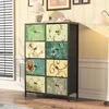 A dresser with 8 fabric drawers, each with a unique floral pattern, is placed in a room with wooden floors and yellow walls. A lamp and some decorative items are on top of the dresser. Náhled obrázku produktu