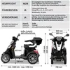 A diagram and specification table for a Rolektro E-Quad 25. Produktbild-Vorschau
