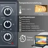 Close-up of a black mini oven with control dials and feature descriptions. Produktbild-Vorschau