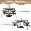 A collage showing a round dining table with chairs in two different arrangements, one labeled 'Gespeicherte' (Stored) and the other 'In Gebrauch' (In Use). Produktbild-Vorschau