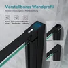 Close-up view of a black shower door profile with glass, highlighting its adjustable features and material properties. Produktbild-Vorschau