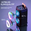 A speaker with colorful lighting and diagrams illustrating its sound components. Produktbild-Vorschau