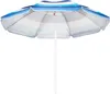 A beach umbrella with blue and white stripes, shown from underneath. Produktbild-Vorschau