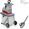 A garden shredder with a collection bin, safety glasses, and scissors, displayed against a white background. Produktbild-Vorschau