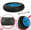 A collage showing a wheelbarrow wheel, a close-up of the tire tread, and a close-up of the wheel with the valve stem. An axle is also shown. Voir les images du produit