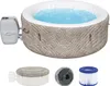 An inflatable hot tub with its control unit and accessories displayed against a white background. Produktbild-Vorschau