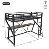 A diagram of a loft bed with a desk, showing dimensions and measurements. Voir les images du produit