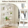 A white bookshelf with wooden shelves, featuring close-up insets highlighting adjustable feet, anti-tip hardware, and the metal frame. Podgląd zdjęcia produktu