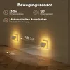 Two LED night lights plugged into wall outlets, with diagrams illustrating their motion sensing capabilities. Produktbild-Vorschau