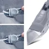 A collage showing a silicone caulking tool being used and a close-up of its blade. Produktbild-Vorschau