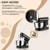 A marketing image showcasing a black stand mixer with a stainless steel bowl, highlighting its easy access feature with an inset close-up and an icon. Produktbild-Vorschau