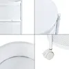 A collage of close-up shots of a white rolling cart, showing its perforated baskets, top surface, and a wheel. Voir les images du produit