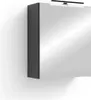 A close-up, side view of a modern, wall-mounted bathroom cabinet with a mirrored door and a dark gray corpus. Náhled obrázku produktu