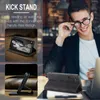 A man in a suit adjusting his glasses in a cafe setting, with product images of a phone case displayed. Produktbild-Vorschau