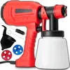 A red and black electric paint sprayer with a white container and various accessories, presented on a white background. Produktbild-Vorschau