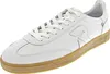A white leather sneaker with a tan sole is shown against a white background. Produktbild-Vorschau