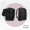 A black baby stroller bag is shown open with the stroller inside, and a closed black backpack next to it. The text "Inklusive Rucksack" is at the bottom right. Produktbild-Vorschau