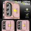 A collage of images showing a pink phone case with a sliding camera cover, highlighting its features. Náhled obrázku produktu