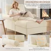 A woman is relaxing on a beige chaise lounge in a living room with a fireplace in the background. Insets show close-ups of the armrest and backrest. Náhled obrázku produktu