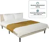 A bed with pillows and a throw blanket, with specifications displayed in a box. Voir les images du produit