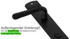 A black door handle and escutcheon plate are shown against a white background, with German text describing its function. Produktbild-Vorschau
