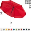 A red umbrella is shown against a white background, with various icons and color swatches at the bottom. Produktbild-Vorschau