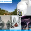 Collage showing a smart WiFi camera and its performance in different weather conditions: rain, snow, and thunder. Voir les images du produit
