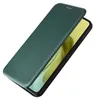 A green flip case for a smartphone is shown from a diagonal angle, with the cover partially open to reveal the phone screen. Produktbild-Vorschau