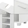 A collage of four close-up images showcasing different aspects of a white bathroom cabinet, including the sink cutout, a drawer handle, interior shelves, and the base with legs. Anteprima dell’immagine prodotto