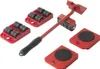 A set of red furniture movers with black wheels and a red lifting tool, arranged on a white background. Produktbild-Vorschau