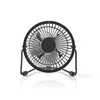 A black desk fan with a metal grille and stand, photographed on a white background. Produktbild-Vorschau