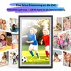 A collage of various photos, with a central digital photo frame displaying children playing soccer. The surrounding photos show families, children, and a dog. Produktbild-Vorschau