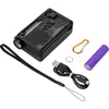 A black emergency radio and its accessories are laid out on a white background. Produktbild-Vorschau