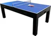 A blue and black ping pong table with two paddles and a ball on top, set against a white background. Anteprima dell’immagine prodotto