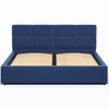 A blue upholstered bed frame with a slatted base, shown from the front against a white background. Produktbild-Vorschau