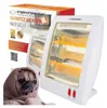A product shot of a quartz heater with its packaging and a pug dog. Náhľad obrázku produktu