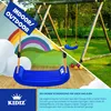 A split image showing an indoor playroom scene with a blue swing and a rainbow mural on one side, and an outdoor swing set in a grassy yard on the other side. Produktbild-Vorschau