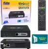 A collage of a satellite receiver, its box, a remote control, and a smart card. Produktbild-Vorschau