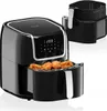A black air fryer with a basket of fried chicken inside, and an empty basket next to it. The air fryer has a digital display showing '200'. Produktbild-Vorschau