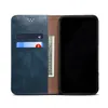 A blue leather flip wallet phone case is open, showing card slots and a bill compartment, with a black smartphone inside. Produktbild-Vorschau