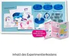 A flat lay of a science experiment kit for children, featuring unicorn figures, experiment components, and instructions. Produktbild-Vorschau