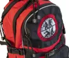 Close-up of a red and black backpack with a circular emblem. Produktbild-Vorschau